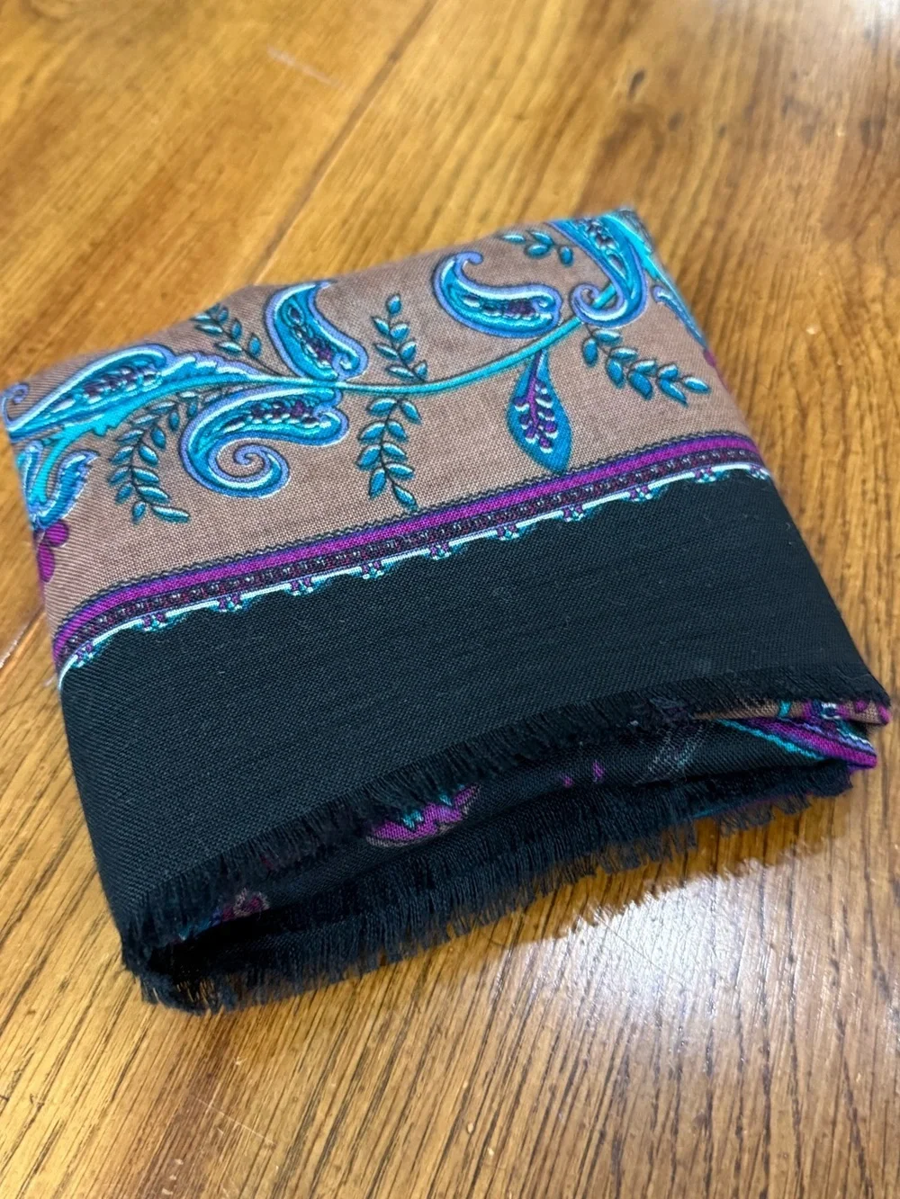 Vintage Lord & Taylor Black Paisley Large Wool Shawl Scarf Black, Fuchsia & Teal